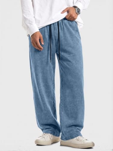 JMIERR Men's Big & Tall Sweatpants Acid Washed Baggy Wide Leg Cotton Drawstring Casual Streetwear Pants with Pockets, 2XL, Sail Blue - Thumbnail 2