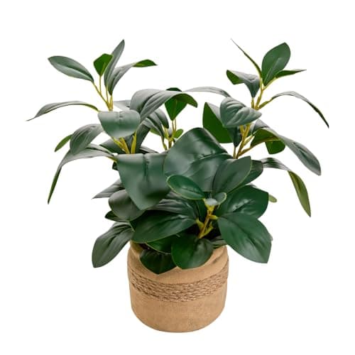 Arbolanta Artificial Fake Plant Potted 12.8'' Small Faux Greenery Ficus Style in Jute-Wrapped Yellow Planter for Tabletop Home Office Decor - Image 1