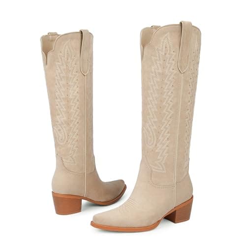 VIUGJNEX Women's Cowgirl Boots Beige Suede Western Knee High Beige Cowboy Boots Wide Calf Slip On Chunky Heel Pointed Toe Pull On Tall Boot for Party Concert Retro Classic Size 9.5 - Thumbnail 6