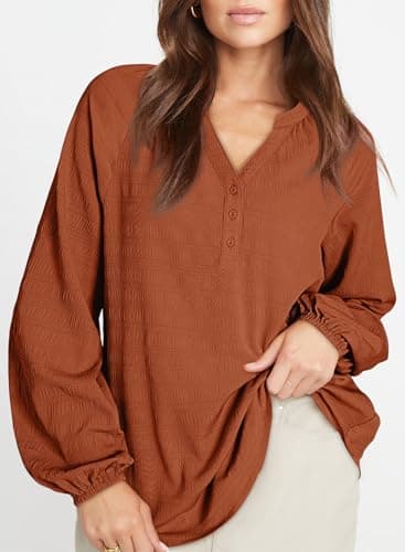 Dokotoo Women's Trendy Fashion Tops V Neck Flowy Button Down Brown Shirts Puff Long Sleeve Business Casual Textured Solid Blouses Spring Outfits XX-Large - Thumbnail 3