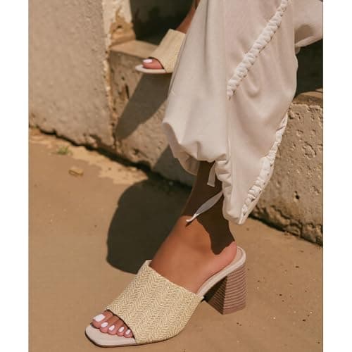 Ancomafio Women's Heeled Sandals Raffia Heels Square Open Toe Sandals Backless Mules Slip On Block Sandals Nude Size 6.5 - Thumbnail 2