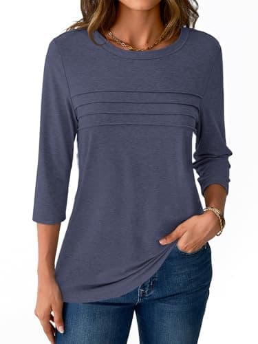 NORACORA 3/4 Length Sleeve Womens Tops Spring Fall Fashion Tops 2025 Dressy Casual Blouses Trendy Pleated Tunic Outfits Tee Tshirts Navy Blue XXL - Thumbnail 4