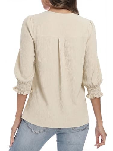 Funlingo Women Blouses Dressy Casual Asymmetric Square Neck 3/4 Length Sleeve Womens Tops Business Work Shirts Spring Clothes 2026 Beige M - Thumbnail 4