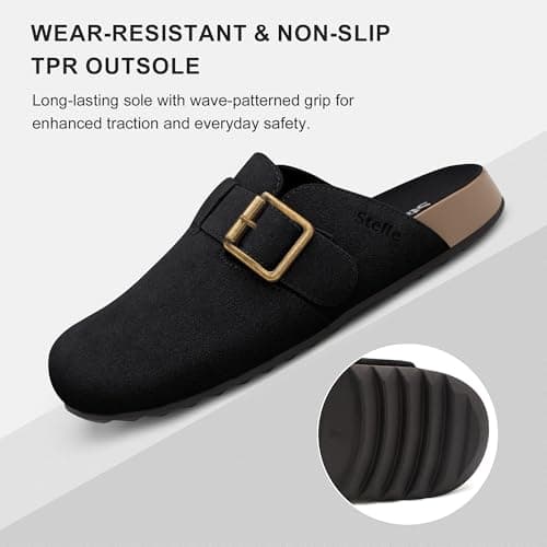 Stelle Suede Clogs for Women Men Potato Shoes with Arch Support Leather Cork Footbed Mules Slip on Home Slippers(Black,11) - Thumbnail 5