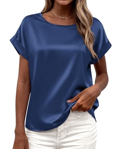 BTFBM Summer Tops for Women 2026 Dressy Satin Blouses Loose Crew Neck Short Sleeve Shirts Work Business Casual Outfits(Dark Grey Blue, Medium) - Image 1