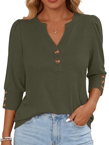 ANRABESS Womens Tops 3/4 Sleeve Casual Henley Shirts V Neck Buttons Dressy Work Business Blouses 2026 Spring Trendy Clothes Small Army Green - Image 1