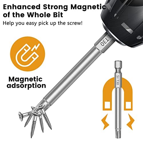 MulWark 14PC Security Torx Bit Set 3" Long Tamper Proof Star Screwdriver Bit Set 1/4" Hex Shank S2 Steel T4 - T40 Magnetic Impact Driver Drill Bits - Thumbnail 3