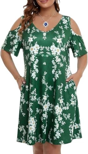 BLANCHES Plus Size Cold Shoulder Dress for Women Floral Print Off Shoulder V Neck Casual Boho Swing Dresses Ruffle A Line Vacation Elegant Mini Dress