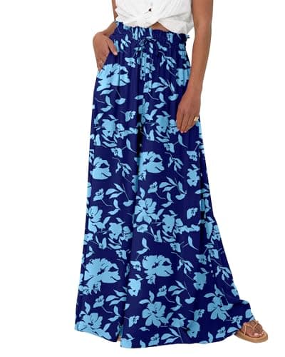 BTFBM Women Casual High Waist Wide Leg Pants 2026 Spring Summer Long Palazzo Pants Pocket Lounge Beach Vacation Clothes(Print Dark Blue, Small) - Image 1