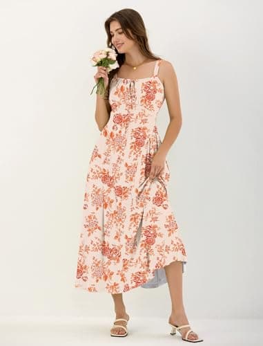 ZAFUL Wedding Guest Dresses for Women Floral Midi Corset A Line Dress Flowy Sundress for Cocktail Party Dress Orange Floral M - Thumbnail 4