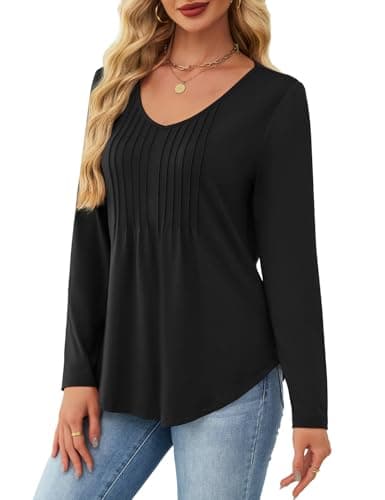 JUSTFASHIONNOW Black Shirts for Women Trendy Long Sleeve Tops Plus Size Dressy Blouses Pleated Maternity V Neck Shirt Tunics Early Fall Fashion (Black, XX-Large) - Thumbnail 2