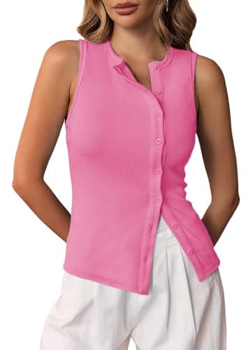 Cicy Bell Womens Button Down Tank Tops Summer Sleeveless Vest Tops Trendy Ribbed Fitted Going Out Shirts Pink - Image 1