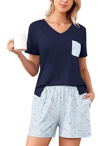 Heymoments Women's Pajama Sets 2 Piece Print Floral Small Soft Summer Short Sleeve Ladies V-Neck Lounge with Pockets Breathable Sleepwear Comfy Nightwear Womens Pjs Set - Image 1