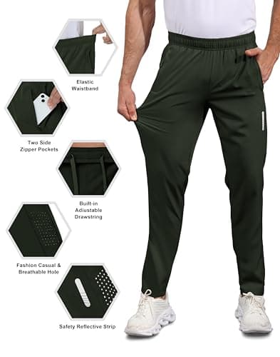 Hioutdoor Mens Sweatpants Athletic with Zipper Pockets, Lightweight Gym Joggers for Running, Workout Sports Pants Slim Fit Army Green M - Thumbnail 3
