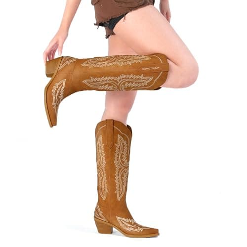 LeunDen Tan Cowboy Boots for Women, Knee High Cowgirl Boots Women with Pointed Toe, Block Heel Embroidery Western Boots Tall Long Boots Size 8.5 - Thumbnail 2
