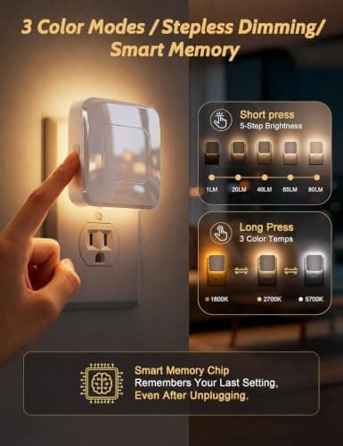 Sujeet Plug-in LED Night Light with Motion Sensor & Dusk to Dawn, 3 Color Temperatures (1800K/2700K/5700K), 5 Preset Brightness Levels, Backlit Design, 1-80LM Dimmable for Kids Bedroom, Hallway 4 Pack - Thumbnail 3
