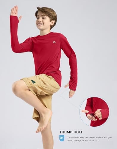 Boy's Rash Guard UPF 50+ Sun Protection Shirt Quick Dry Long Sleeve Swim Shirts Lightweight SPF Youth Fishing Shirt(Red,XL) - Thumbnail 5