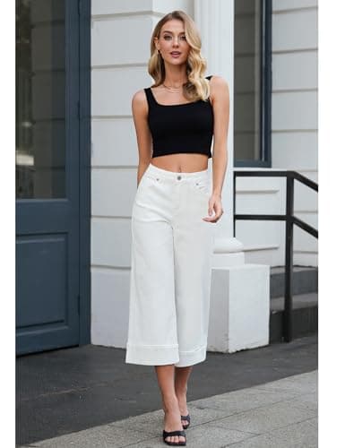 Vetinee Capris Jeans for Women Wide Leg High Waisted Trendy Fold Hem Summer Casual Stretchy Denim Jean Capri Pants Baggy Capris for Women Wide Legged Jeans Off White X-Large Fits Size 16-18 - Thumbnail 5
