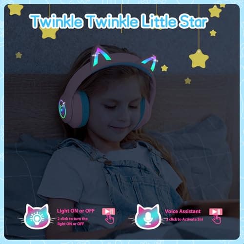 LOBKIN Kids Bluetooth Headphones,Over Ear Kids Headphones Wireless with Mic 50H Playtime Colorful LED Lights AUX Cord 94dB Safe Volume Limited Foldable Design for Boy Girl Travel/School/iPad - Thumbnail 5