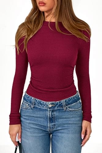 PRETTYGARDEN Womens Tops 2026 Spring Long Sleeve Fitted T Shirts Waffle Ruched Crop Shirt Basic Knit Workout Y2k Clothes(Burgundy,XX-Large) - Thumbnail 4