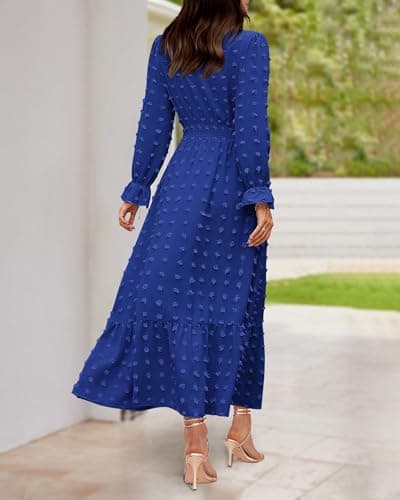 BTFBM Women Fall Maxi Dresses 2025 Long Sleeve V Neck Swiss Dots High Waisted A-Line Ruffle Boho Long Dress Vacation(Royal Blue,Medium) - Thumbnail 6