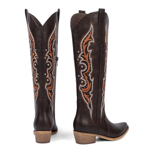 QIY Cowboy Cowgirl Boots for Women Dark Brown Knee High Cowgirl Rhinestone Sparkly Western Embroidered Tall Cowboy Boots Womens with Chunky Low Heel Pointed Almond Toe Chocolate Brown Size 6 - Thumbnail 5