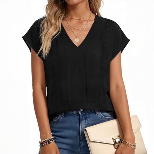 T Shirts for Women Womens V Neck Tops Summer Casual Blouses Dressy Lace Trim Short Sleeve Basic Tees Boho Fashion Black - Thumbnail 3