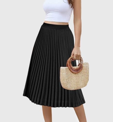 SLOWCOLIN Women's Midi Skirt Elastic High Waist Pleated Skirt Knee Length Swing A-Line Casual Flowy Skirts 2025 Black,M - Thumbnail 3