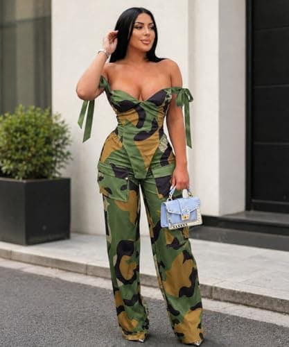 knowfashionstyle Sexy 2 Piece Sets For Women Going Out Sleeveless Croset Top And Wide Leg Pants Set Party Birthday Outfits Camouflage 2Xl - Thumbnail 5