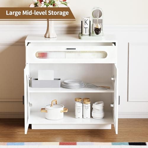 ALWXIA Sideboard Buffet Cabinet with Storage, 31.5” Farmhouse Curved Design Accent Cabinet with Acrylic Doors & Adjustable Shelves, Modern Coffee Bar (Sideboard W/Drawers_White, 1Pc) - Thumbnail 6