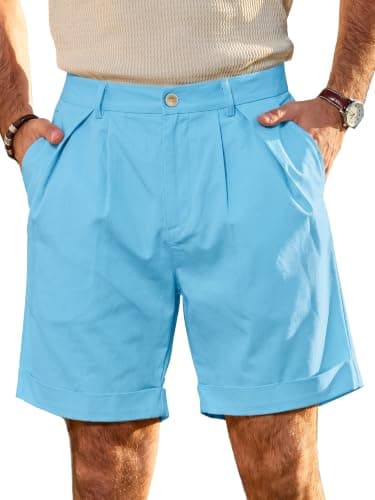 JEMLDL Men's Cotton Linen Shorts 7" Casual Pleated Summer Vacation Beach Coastal Nautical Elastic Waist Sky Blue Shorts with Pockets Medium - Image 1