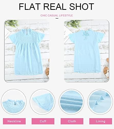 Dokotoo Women's Cute 2026 Summer Lace Crew Neck Flowy Ruffle Short Sleeve Shirts for Women Pom Pom Dot Blouses Solid Casual Loose Back Self Tie T Shirts Tops Sky Blue M - Thumbnail 4