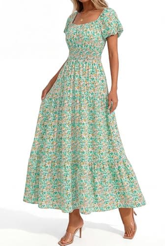 BTFBM Summer Dress for Women 2026 Spring Floral Short Sleeve Casual Flowy A-Line Smocked Tiered Maxi Dresses Pockets(Floral Green, X-Large) - Thumbnail 5