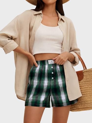 ANRABESS Shorts for Women 2026 Summer Casual Lounge Pajama Sleep Gingham Boxer Shorts Soft Comfy Beach Pj Bottoms Pockets Green Black Plaid X-Large - Thumbnail 3