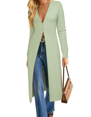 GRACE KARIN Womens Long Cardigan Trendy, Lightweight Knit Dusters Coat, V Neck Button Up Sweater Maix Dress Light Green M - Image 1