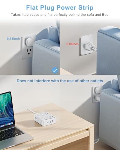 Surge Protector Power Strip, REALMADE 8 AC 4 UAB Power Strip with 950J Surge Protection, Flat Plug Outlet Extender, 10Ft Extension Cord, Wall Mount Desk Charging for Home Office， Gray & White - Thumbnail 4