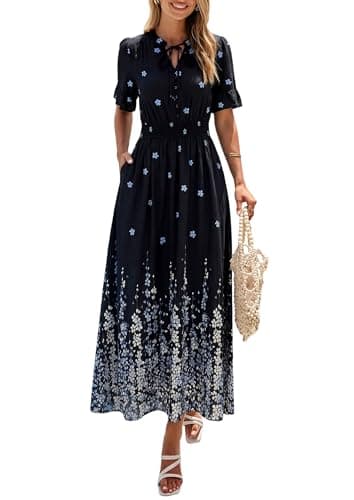 PRETTYGARDEN Women's Boho Floral Maxi Dress Summer 2026 Short Sleeve Tie V Neck Spring Wedding Guest Flowy Beach Sun Dresses (Black White Floral,Large)