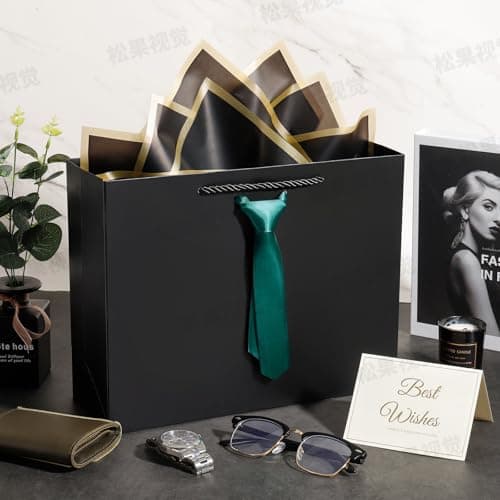 Fathers Day Gift Bags,Birthday gift bags with Handles and Pre-Tied, 4 tissue paper and 2Greeting Cards, thank you gift bags for men , Teacher gift bags,Graduation Party Wedding gift-bags (Medium black/green) - Thumbnail 4