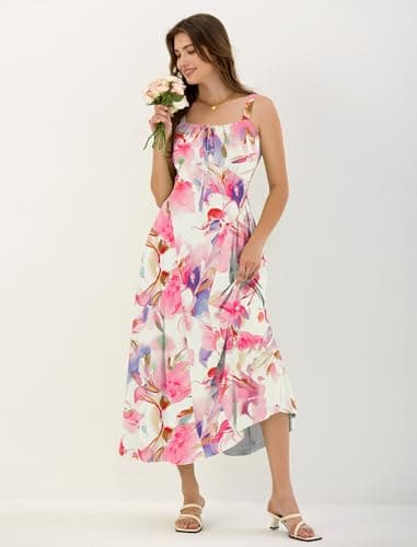 ZAFUL Women Summer Dress Square Neck Floral Midi Dress Corset Flowy A Line Wedding Guest Dresses with Pockets Pink Floral S - Thumbnail 4