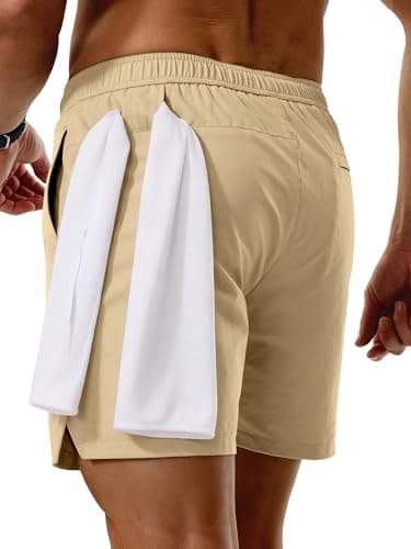 Comdecevis Mens Gym Shorts Quick Dry 5 Inch Inseam Short 2 in 1 Lightweight Gym Shorts for Swim Khaki S - Thumbnail 4