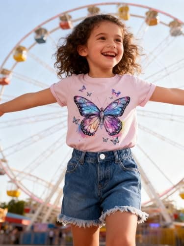 Funnycokid Little Girls Shirt Size 6 7 Kids Tees Purple Butterflies Animal Children Cute T-Shirt Graphic Short Sleeve Clothes Tops - Thumbnail 4