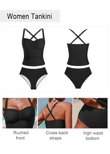 ZAFUL Tankini Swimsuit for Women Ruched Tummy Control Bathing Suits Two Piece Modest Swimsuits with High Waisted Bottom 2026 Suitable for Beach Dates & Tropical Holidays (Black XL) - Thumbnail 4