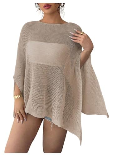 RoseSeek Women's See Through Knit Poncho Shawl 3/4 Sleeve Split Asymmetrical Shrug Sweater Cover Up Khaki Small - Image 1