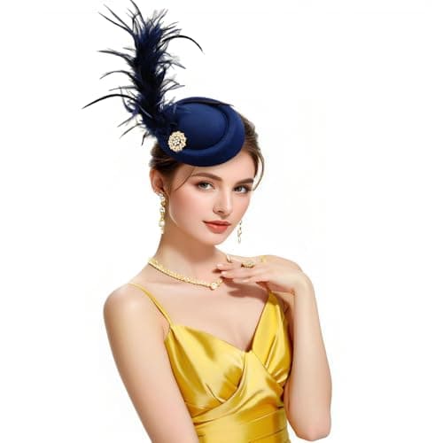 RiJinDuoJin Fascinators Hat Feathers Headband and Clip 20s 50s Pillbox Hats Cocktail Tea Party Headwear - Handmade Derby Hair Clip Feathers Fascinators for Girls and Women - Navy Blue