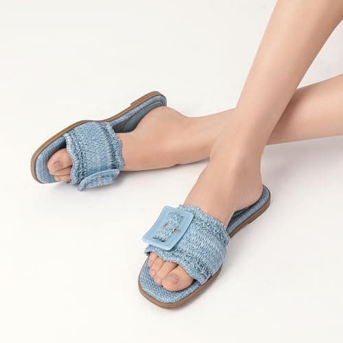 Rihero Womens Flat Sandals Raffia Slip On Beach Slides Square Open Toe Comfortable Summer Buckle Woven Blue Slide Sandals Blue Size 7 - Thumbnail 2
