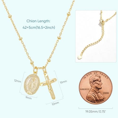 Juvux Virgin Mary Cross Necklace for Women Girls Cross Pendant Necklace Plated 14K Gold Simple Jesus Cross Necklace for Girls First Communion Religious Easter Baptism Gifts - Thumbnail 3
