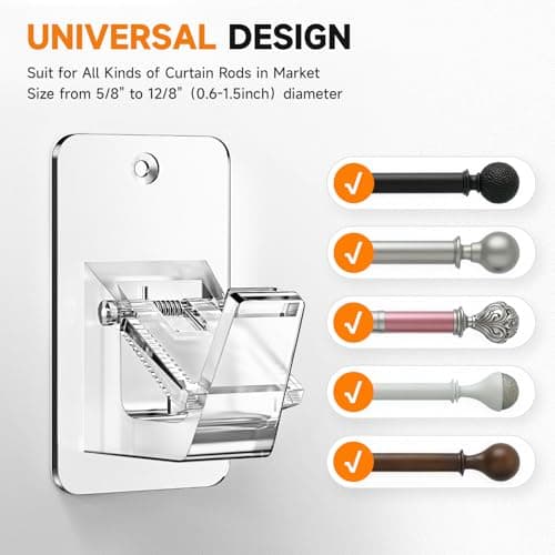 Universal Curtain Rod Holders, No Drill Curtain Rod Brackets, Self Adhesive Curtain Rod Brackets Up to 30 LB, Nail Free Curtain Rod Hooks for Bathroom, Bedroom, Livingroom, Kitchen (8PC, Transparent) - Thumbnail 2