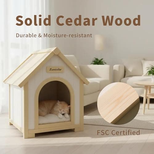 Indoor Dog House for Small & Medium Dogs, Natural Solid Wood Pet House with Cushion, Modern Indoor Design (Natural, 21.7" L x 23.6" W x 27.6" H, L1) - Thumbnail 2