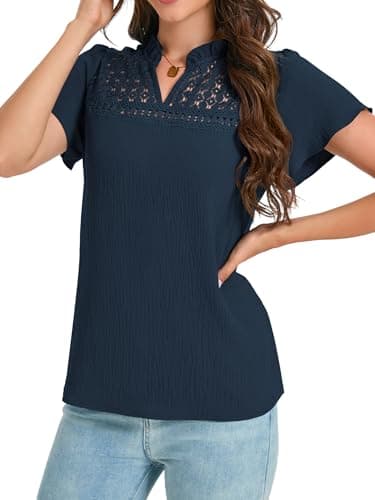 Funlingo Women Summer Tops Ruffle Short Sleeve V Neck Blouses Dressy Casual Eyelet Lace Work Shirts Spring Clothes Trendy Outfits Deep Blue S - Thumbnail 3