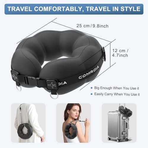 ComRola Travel Neck Pillow for Airplane, Super Soft Neck Support Travel Pillow - Lightweight and Stylish Convertible Style - Ergonomic Design for Long Flights, Car, Train & Office Use (Black) - Thumbnail 3
